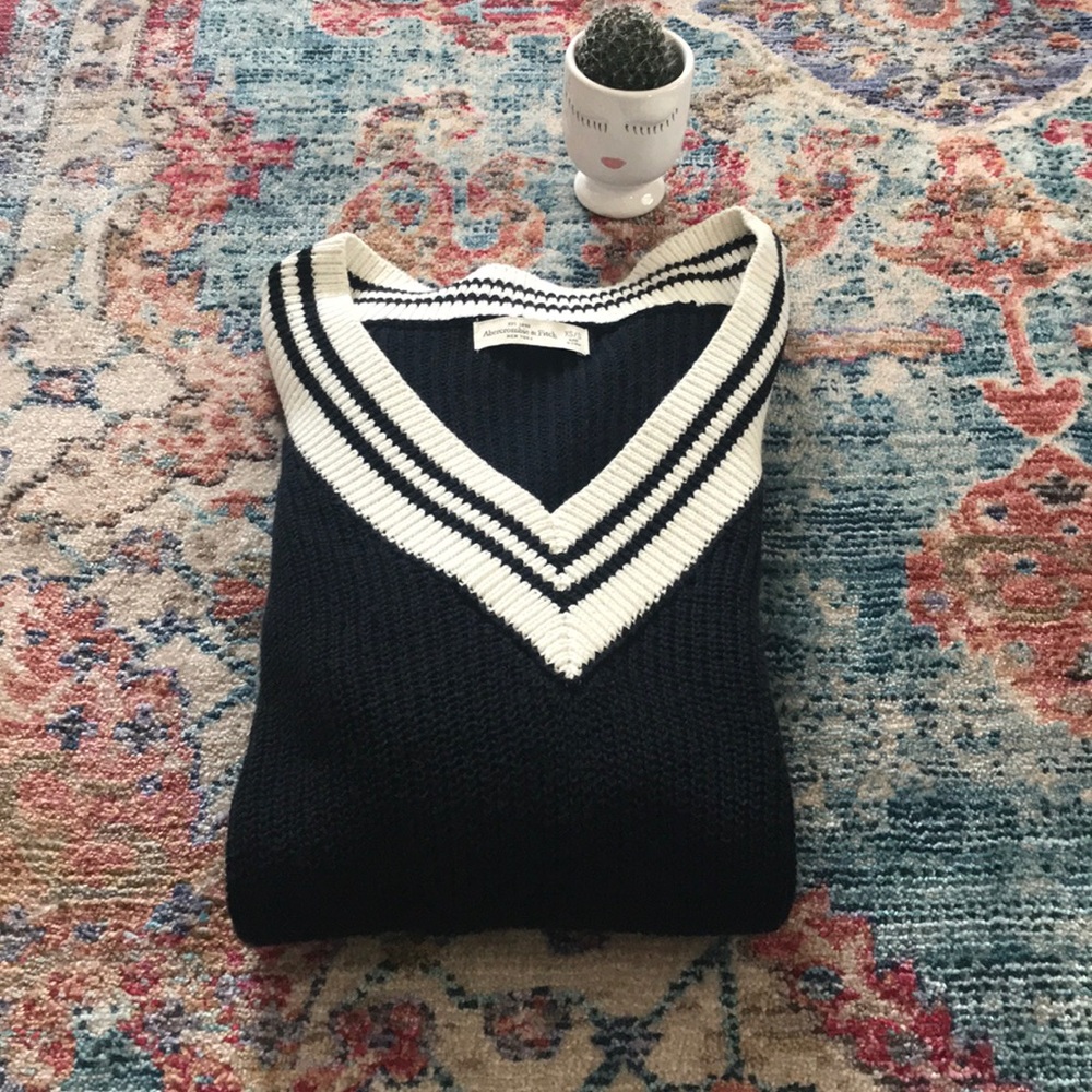 Navy and white varsity sweater